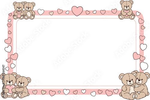 Cute Teddy Bear Frame with Hearts for Baby Shower or Love