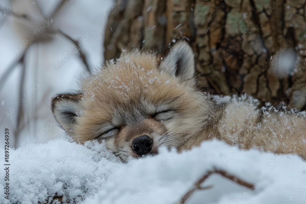 Obraz premium Adorable swift fox pup sleeping peacefully in the snow during a winter snowfall