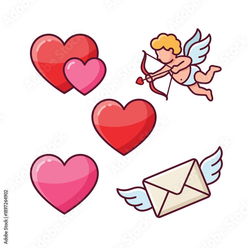 Collection of Valentine's Day icons featuring hearts, a cupid with a bow and arrow, and a winged envelope conveying love and affection