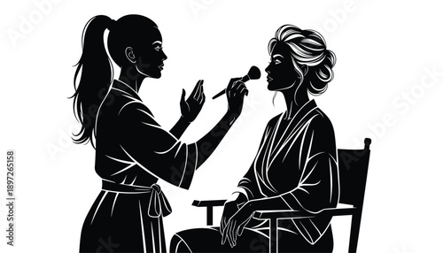 Vector illustration of makeup artist applying cosmetics to seated client in black and white silhouette style for beauty design