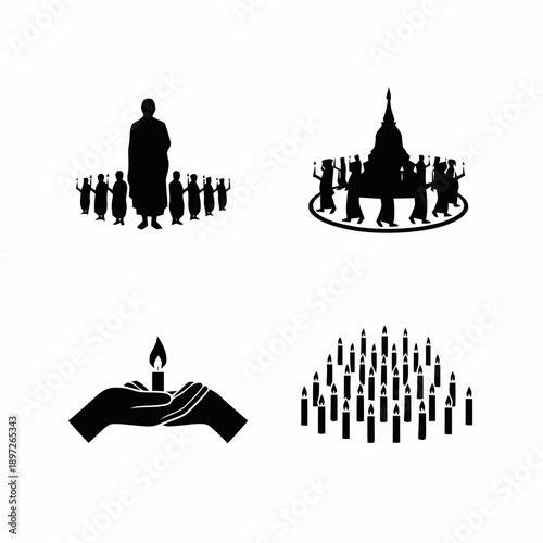 Buddhist spiritual ceremony and devotion icons with monks, stupa, and candles, symbolizing peace and enlightenment.