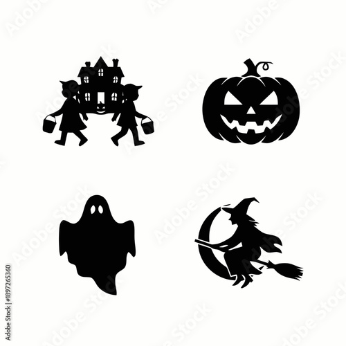 Halloween icons set with trick or treating kids, haunted house, jack o lantern, ghost, and witch on broomstick silhouettes.