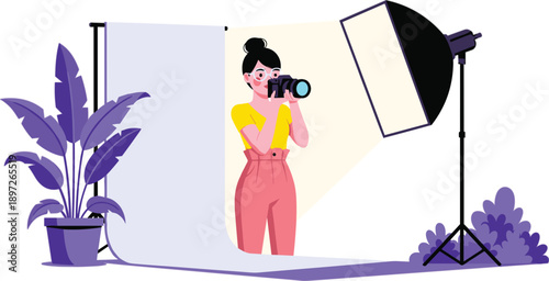 Photography studio vector illustration of person taking photo with camera in front of backdrop and professional softbox lighting