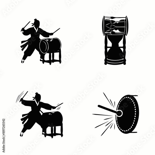 Korean traditional drummers and drums in silhouette, representing cultural music and heritage.
