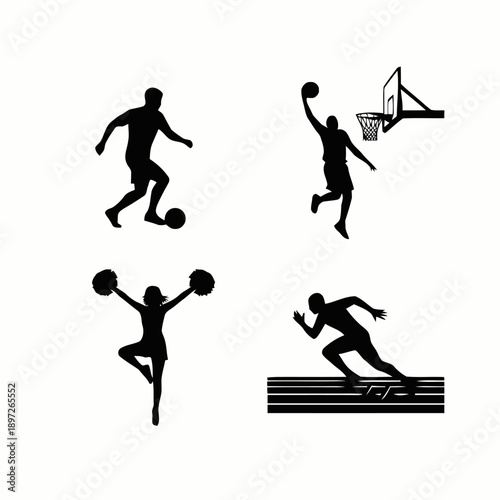 Set of black silhouettes depicting various sports: soccer player, basketball player, cheerleader, and runner on a white background.