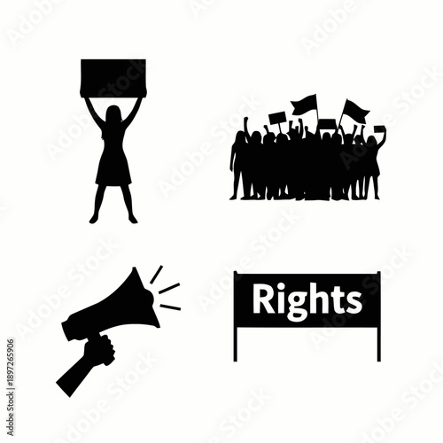 Human rights protest and activism symbols including crowd, signs, megaphone, and "Rights" banner.