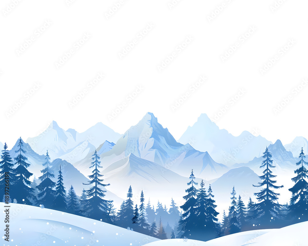 Fototapeta premium Winter Mountain Forest Landscape Illustration Isolated Transparent Background