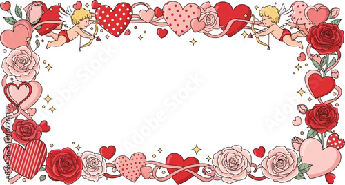 Valentine's Day Frame with Roses, Hearts, and Cupids