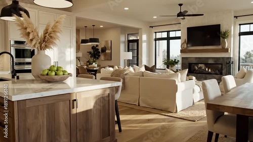 Modern Luxury Open Concept Kitchen and Living Room With Fireplace