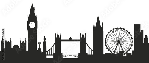 Dark grey silhouette of the London skyline featuring Big Ben, Tower Bridge, and the London Eye, offering a urban cityscape