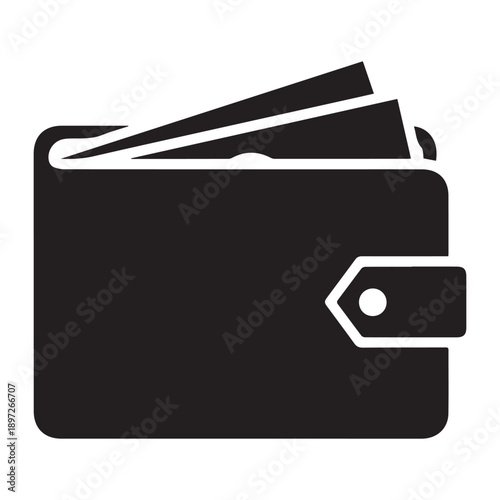 A sleek black wallet icon with money peeking out, representing finance and personal spending Vector
