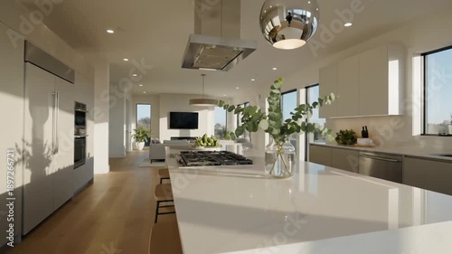 Modern Luxury Open Concept Kitchen Island With Integrated Appliances And Scenic Views
