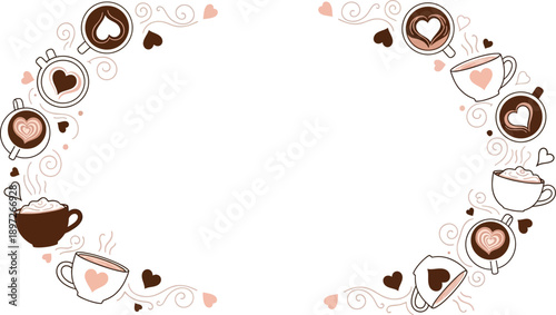 Coffee cup frame with latte art hearts and steam, cafe design