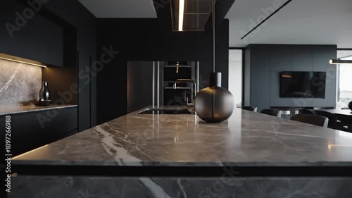 Modern Luxury Open Plan Kitchen And Dining Area With Marble Accents And Sleek Design