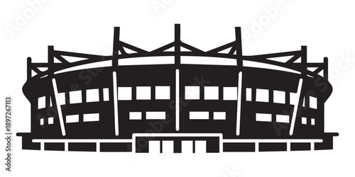 Iconic silhouette of a large modern stadium with multi-tiered structure and grand entrance Vector