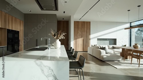 Modern Luxury Open Plan Kitchen Dining Living Area Natural Light Ambiance
