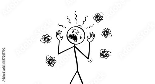 stickman, stick figure, stressed stick figure illustration, anxiety and panic doodle character, anxiety and panic doodle character, mental stress concept line drawing