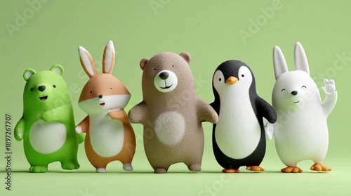 Group of Cute 3D Animals Dancing, Front View, Happy Waving Bears and Rabbits, Seamless Loop Character Animation