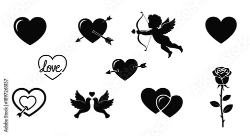 Collection of valentine's day symbols including hearts cupid and a rose on a white background representing love and romance icons