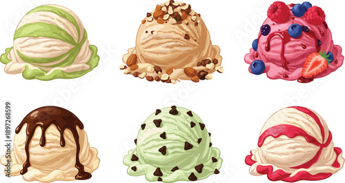 Assorted Ice Cream Scoops Collection with Chocolate Strawberry Mint and Nut Toppings Vector Illustration