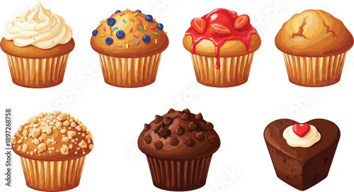 Assorted Cupcakes Collection with Cream Strawberry Chocolate and Nuts Toppings Vector Illustration Set