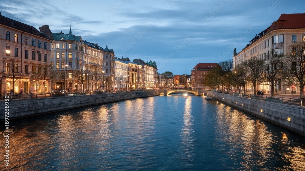 Obraz premium Illuminated city buildings along canal at twilight. Urban cityscape with light reflection on water. Travel and tourism concept.