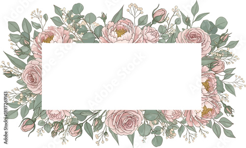 Soft Pink Floral Rectangle Border with Eucalyptus