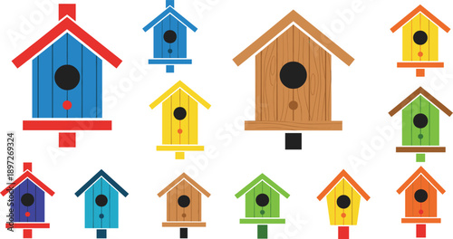 Colorful Birdhouse Vector Illustration Set with Various Wooden Bird House Designs Isolated on White Background for Outdoors