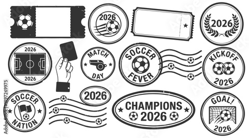 Collection of soccer 2026 stamps and badges with football and competitive sport symbols