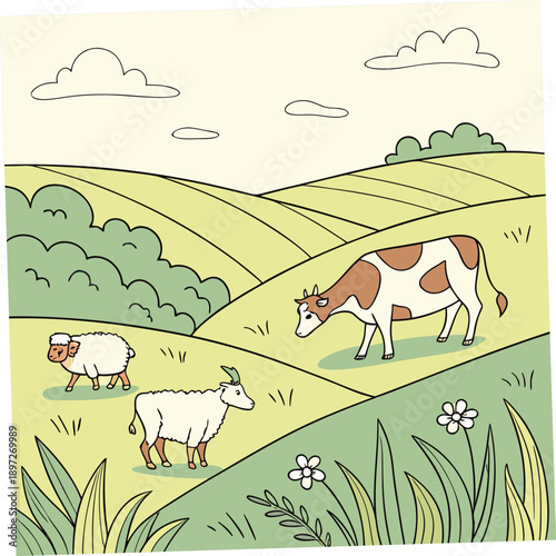 a cow and a sheep are grazing in a green field with hills and trees in the background scenery