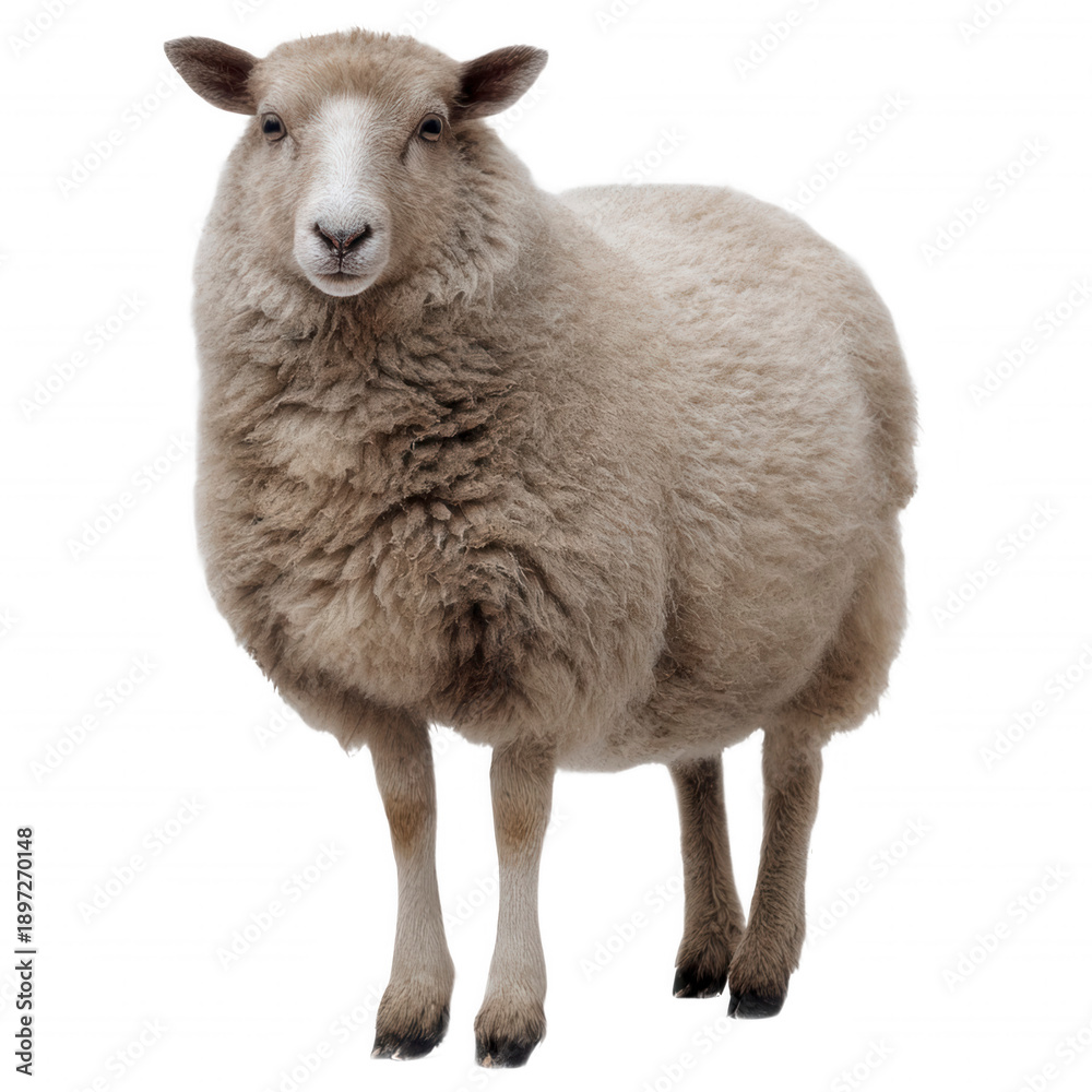 Fototapeta premium Woolly sheep with thick, soft coat and neutral background posing.