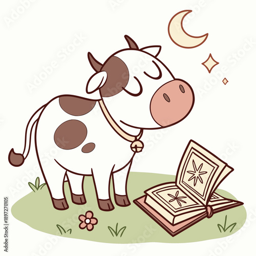 a cow peacefully sleeps next to an open book under a crescent moon and stars high quality professional detailed modern