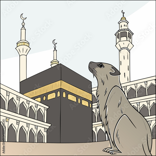 a large rodent sitting in front of a building with towers and a gold and black cube structure high quality