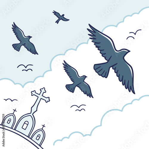 a group of birds flying in the sky with a church in the background and a cross on top