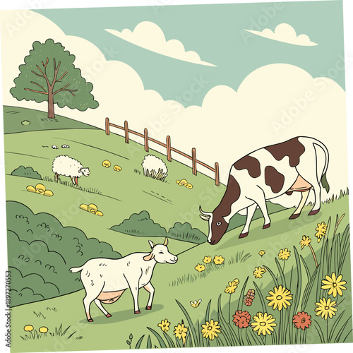 a cow and a calf grazing in a green field with sheep and flowers under a blue sky with clouds