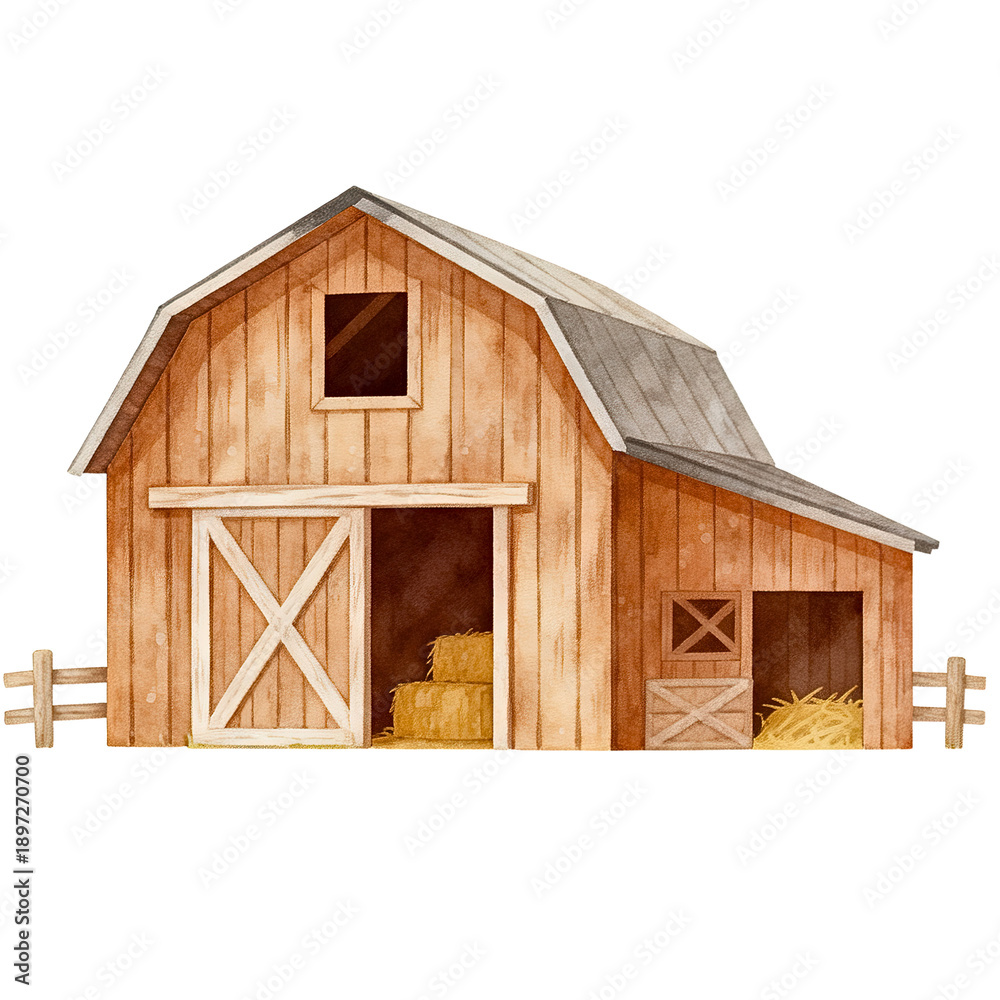 Naklejka premium Watercolor rustic farm house barn with stable