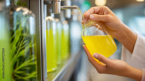 Faceless customer pouring organic liquid detergent into glass container at refill station, bulk shopping concept, sustainable lifestyle choice, zero waste store interior, eco-friendly