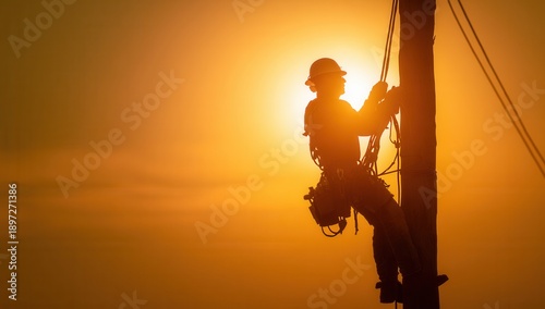 Worker climbs utility pole during sunset to complete maintenance tasks in the evening hours