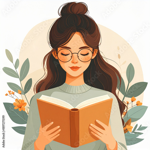 Young woman reading book with glasses peaceful cozy autumn scene calm study routine