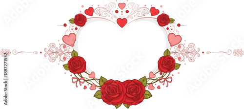 Heart-Shaped Frame with Red Roses and Swirls