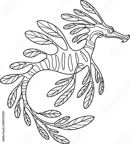 Line art of a sea horse with leafy appendages swimming in ocean currents freely