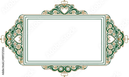 Elegant green and gold ornate floral scrollwork frame with heart motifs