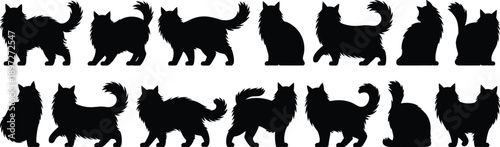 Assortment of black cat silhouettes showcasing different breeds and postures including standing walking and sitting for creative projects