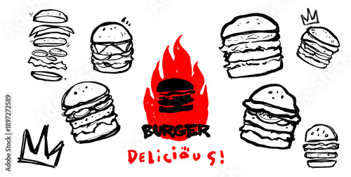 Burger doodle set with crown and flame elements. Street art style illustration of hamburger ingredients and crown of burger concept for restaurant logo and food branding.