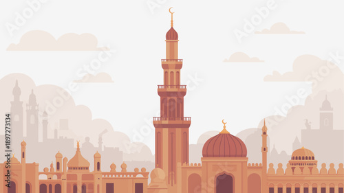 Islamic Mosque Architecture with Minarets and Domes.