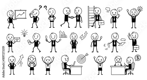 Black and white cartoon stick figures depicting various business situations and emotions, including success, failure, collaboration, and problem-solving in a professional setting.