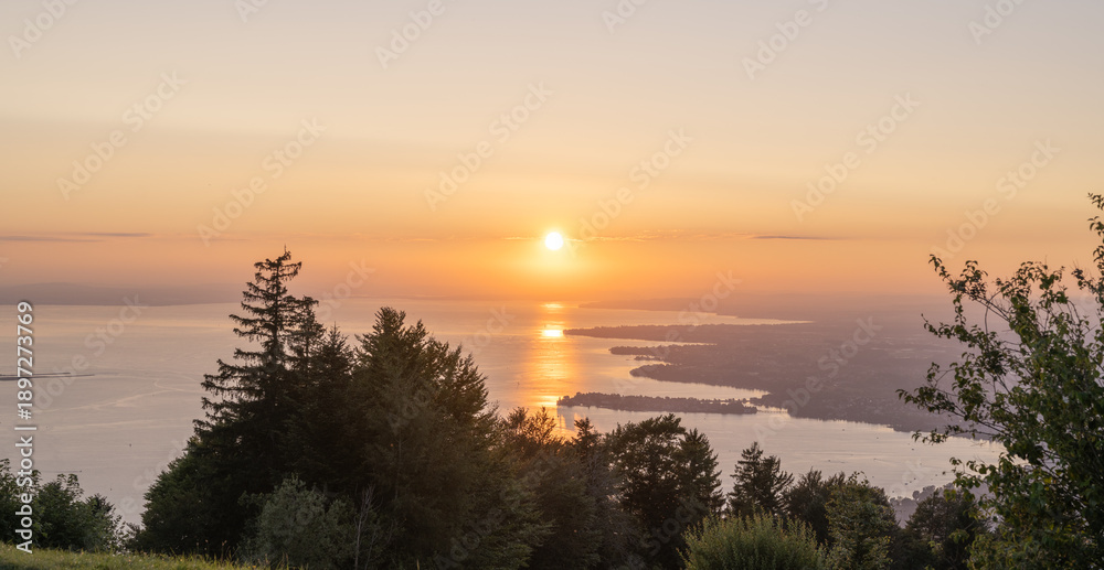 Obraz premium Golden sunset reflecting on lake constance seen from Pfänder mountain