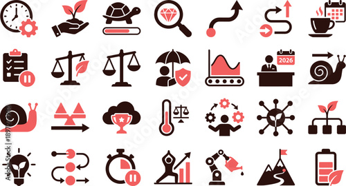 Collection of black and red icons representing science, technology, and industry on a clean background viewed from directly above.