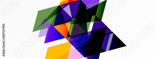 Abstract geometric shapes overlap, creating vibrant color contrasts. Triangles dominate composition, offering dynamic visual experience.