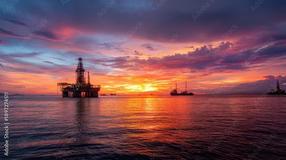 Obraz premium Offshore oil drilling rig at dramatic sunset with vibrant orange and purple sky over open sea. Industrial energy production and maritime transport.